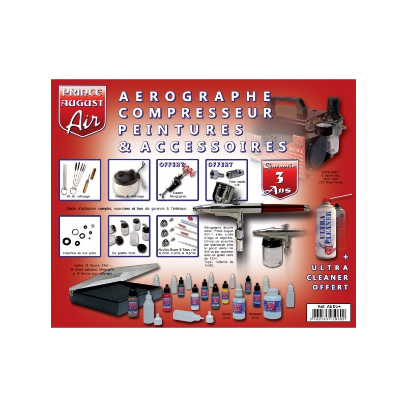 Coffret complet aéro double action compresseur peinture ultra polyvalent - PRINCE AUGUST AE06+