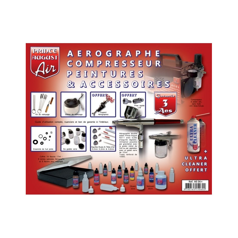 Coffret complet aéro double action compresseur peinture ultra polyvalent - PRINCE AUGUST AE06+