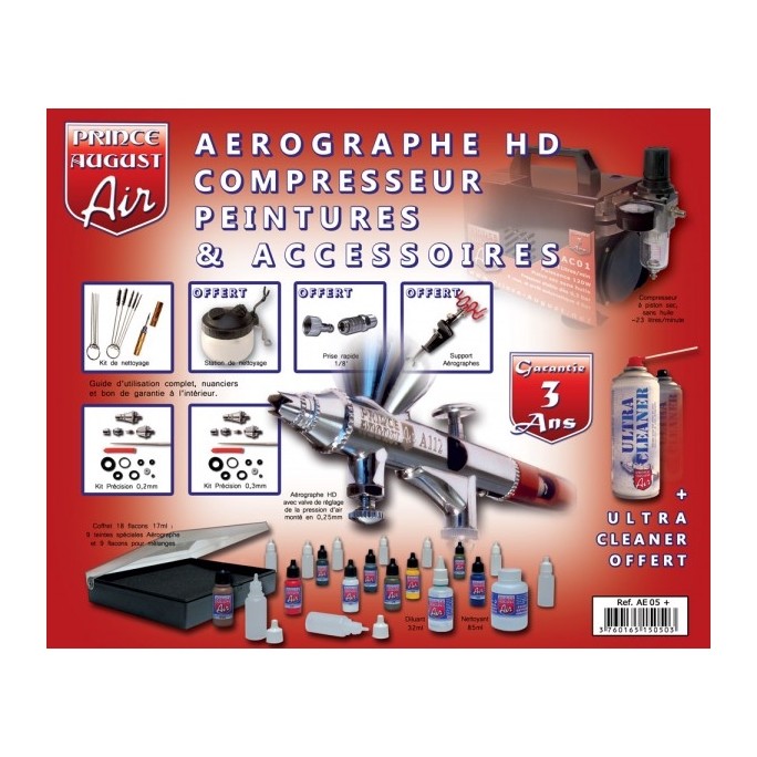 Coffret aéro HD double action compresseur peinture ultra polyvalent +UC01 - PRINCE AUGUST AE05+