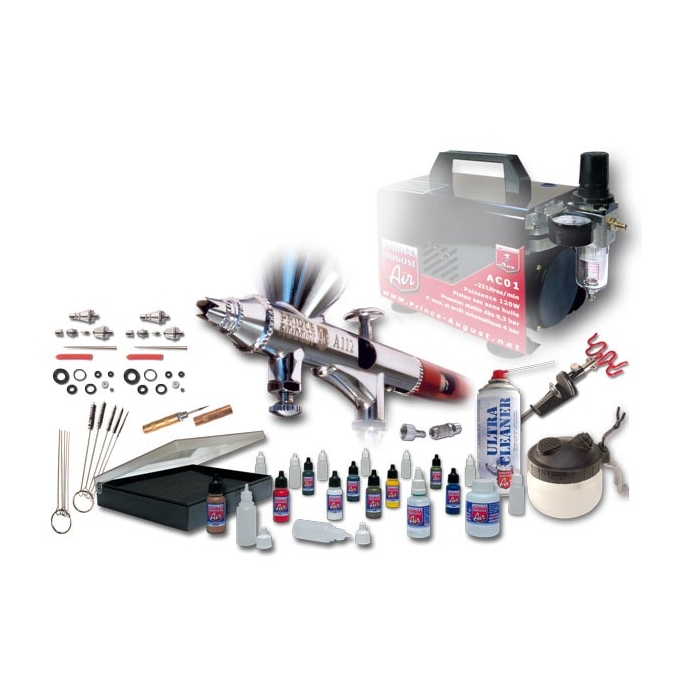 Coffret aéro HD double action compresseur peinture ultra polyvalent +UC01 - PRINCE AUGUST AE05+