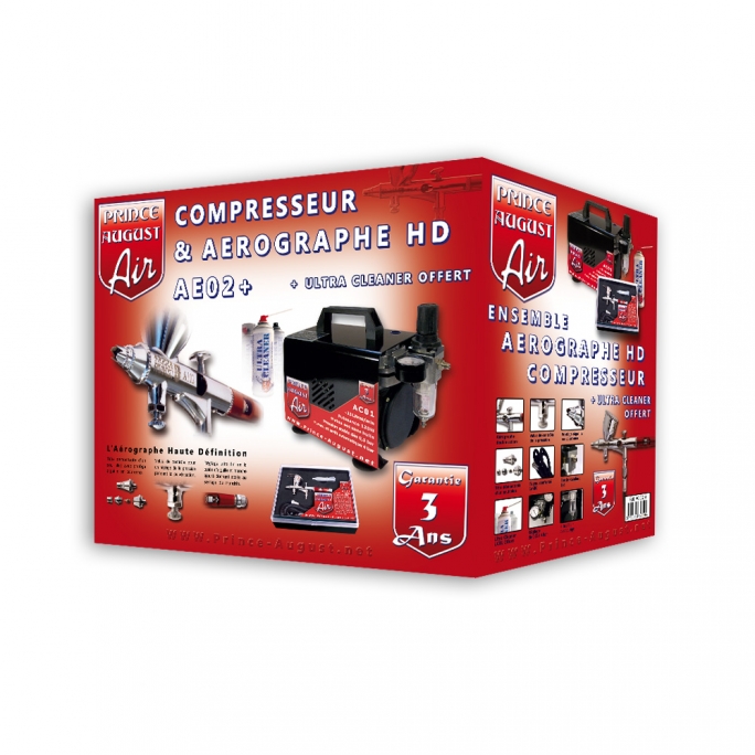 Coffret aéro HD double action, compresseur + Ultra Cleaner - PRINCE AUGUST AE02+