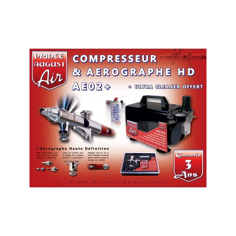 Coffret aéro HD double action, compresseur + Ultra Cleaner - PRINCE AUGUST AE02+