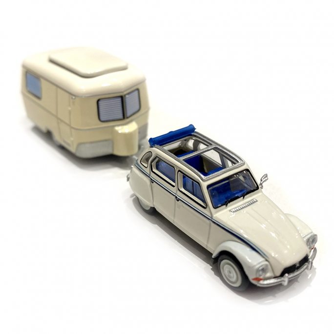Citroën Dyane 6, capote ouverte blanches et caravane Eriba - SAI / Brekina 1405 - 1/87