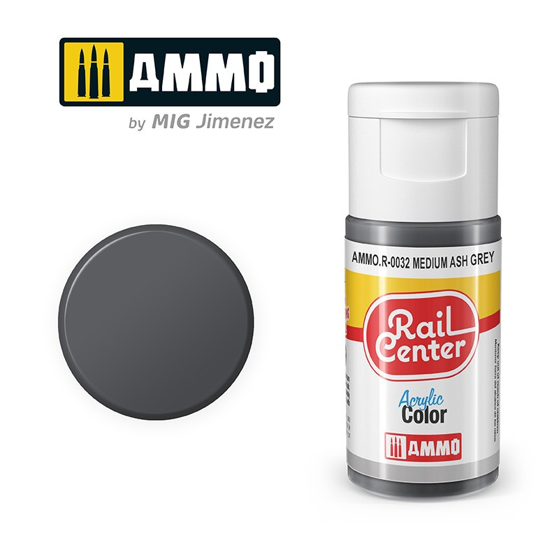 Peinture gris cendré moyen, acrylique, 15 ml, gamme Rail Center - AMMO R-0032 Peinture gris cendré moyen, acrylique, 15 ml, gamme Rail Center - AMMO R-0032