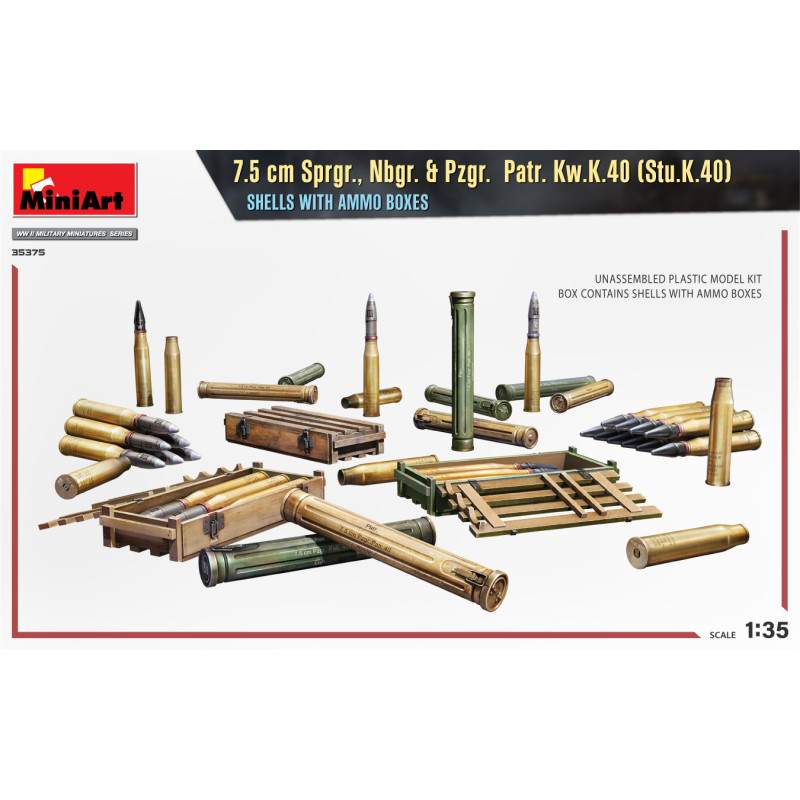 Cartouches 7.5 cm Sprgr., Nbgr & Pzgr. Patr. Kw.K. 40 avec boîtes de munitions - MiniArt 35375