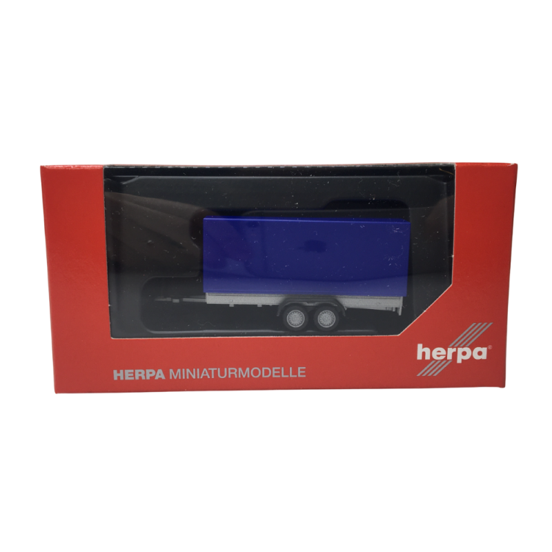 Remorque bâchée pour voiture particulières, 2 essieux, bleu - HERPA 052627-004 - HO 1/87
