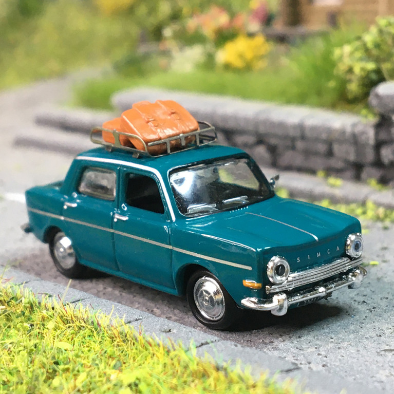 Simca 1000, vert, Galerie de toit et 2 valises - SAI 1747 - HO 1/87