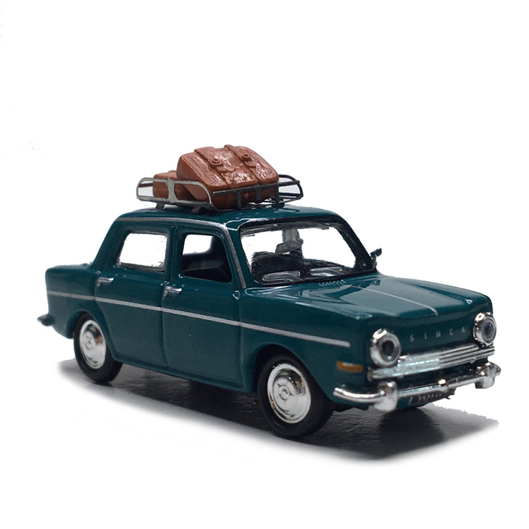 Simca 1000, vert, Galerie de toit et 2 valises - SAI 1747 - HO 1/87