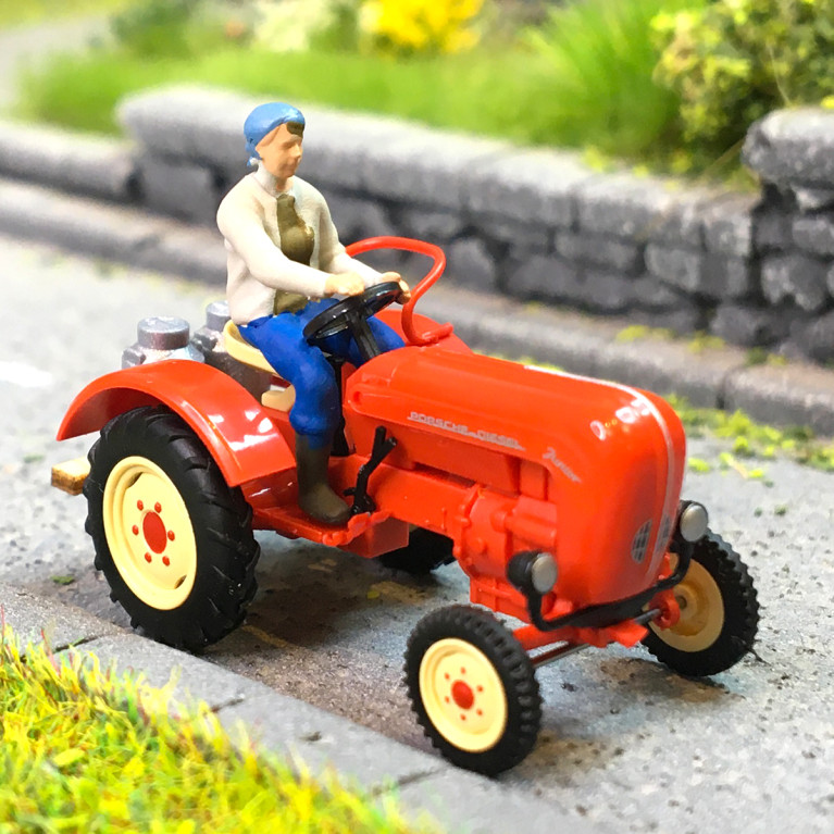 Porsche Junior 108 K, tracteur, avec agriculteur, bidons de lait - BUSCH 50013 - HO 1/87