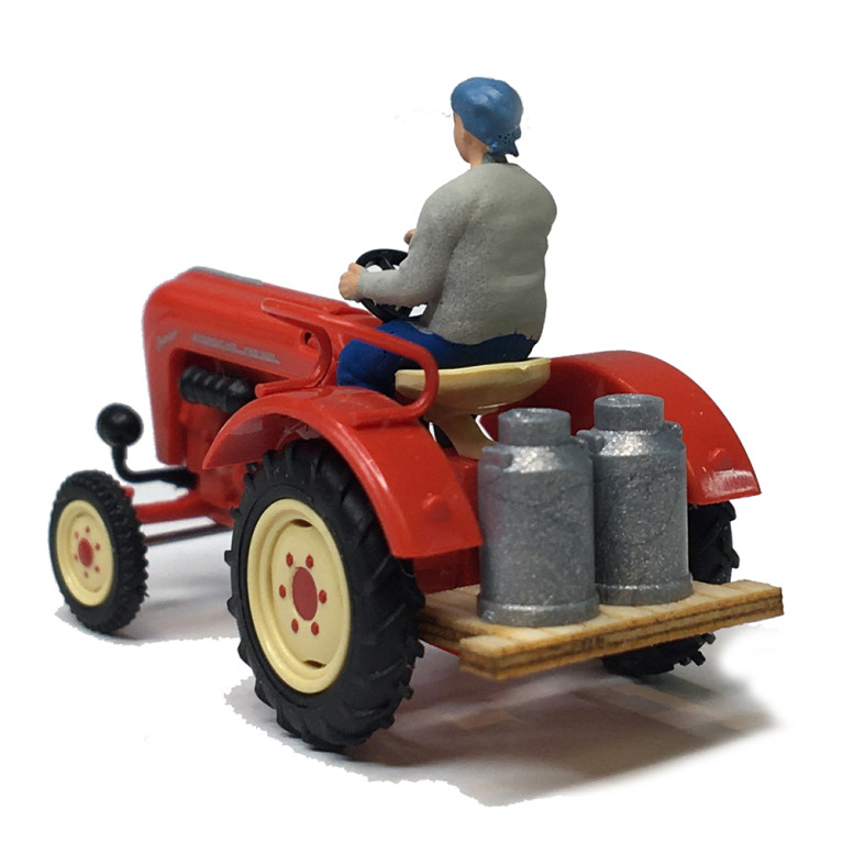 Porsche Junior 108 K, tracteur, avec agriculteur, bidons de lait - BUSCH 50013 - HO 1/87