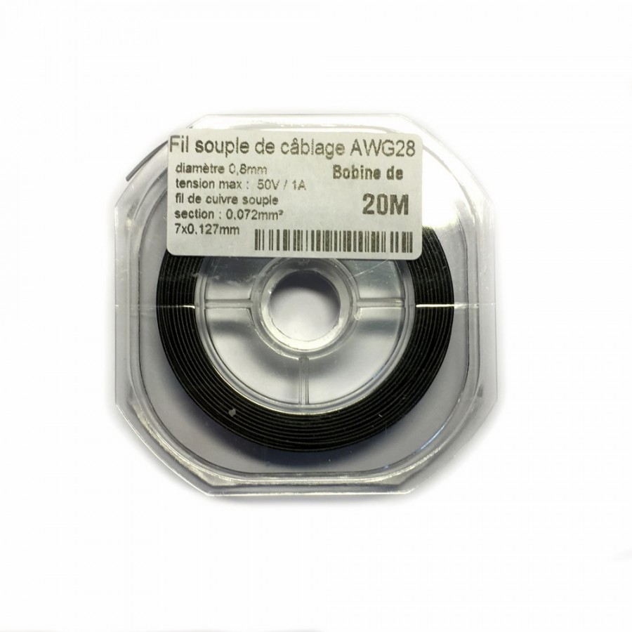 Fil souple de câblage souple noir 0.8mm2 cuivre 20ml -AWG28N