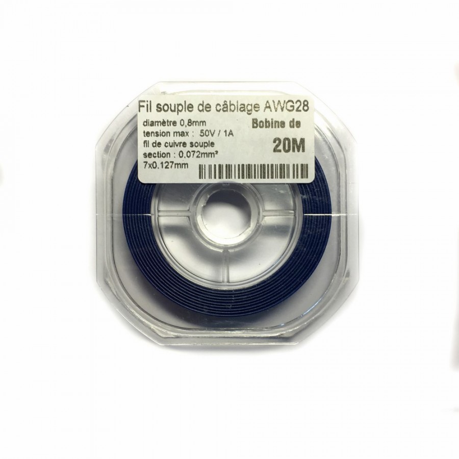 Fil souple de câblage souple bleu 0.8mm2 cuivre 20ml -AWG28BU